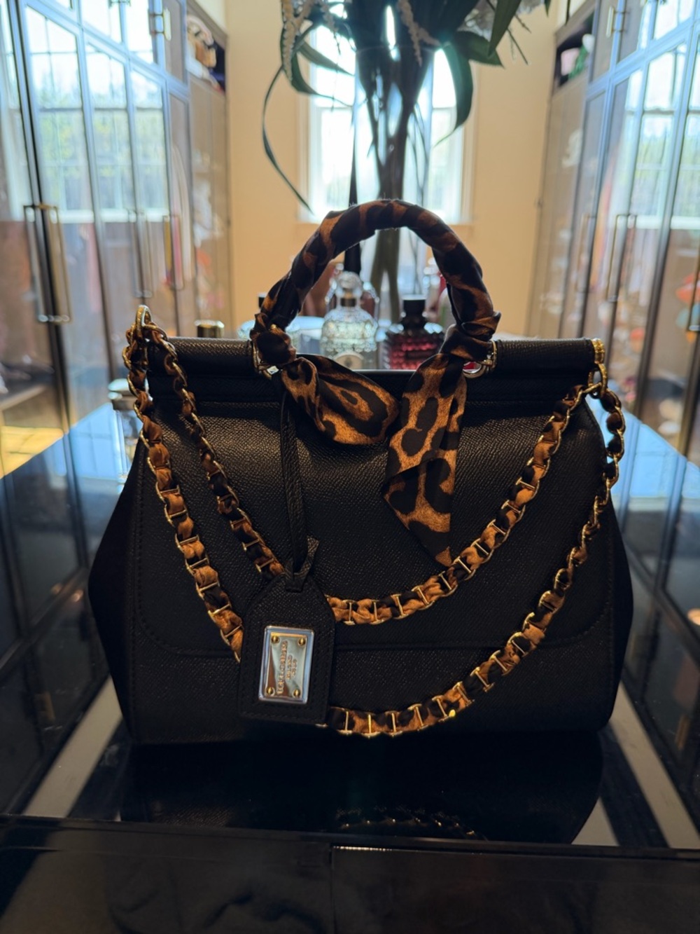 Dolce & Gabbana Black Satchel with Leopard-Print Scarf and Gold Chain Detail - Picture 2 of 7